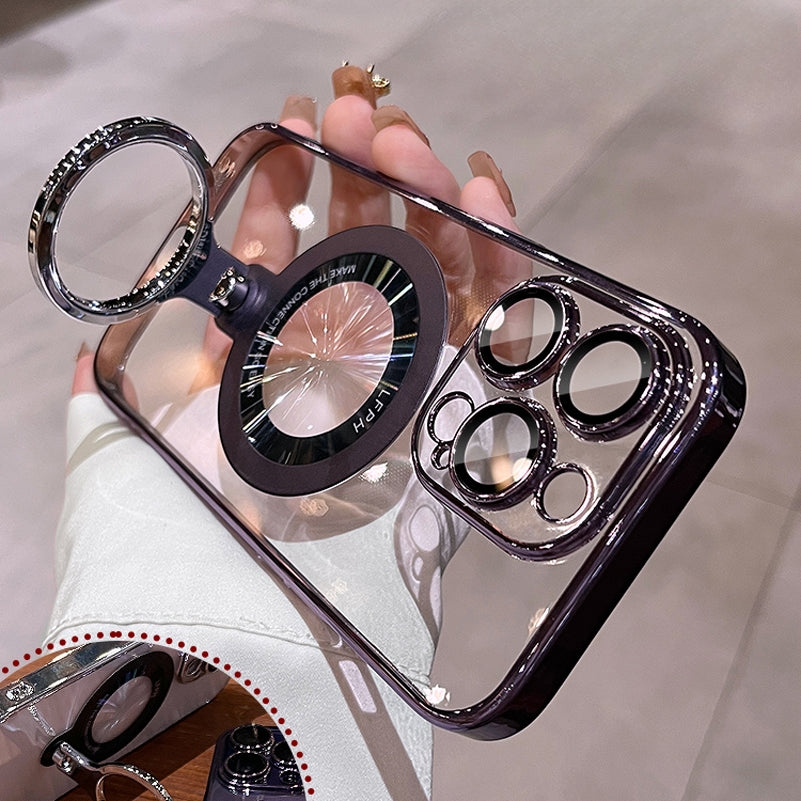 Luxury Ring Holder - Transparent Hard Acrylic Cover, Built-in Bracket, Magnetic Wireless Charging Compatible  Case for iPhone