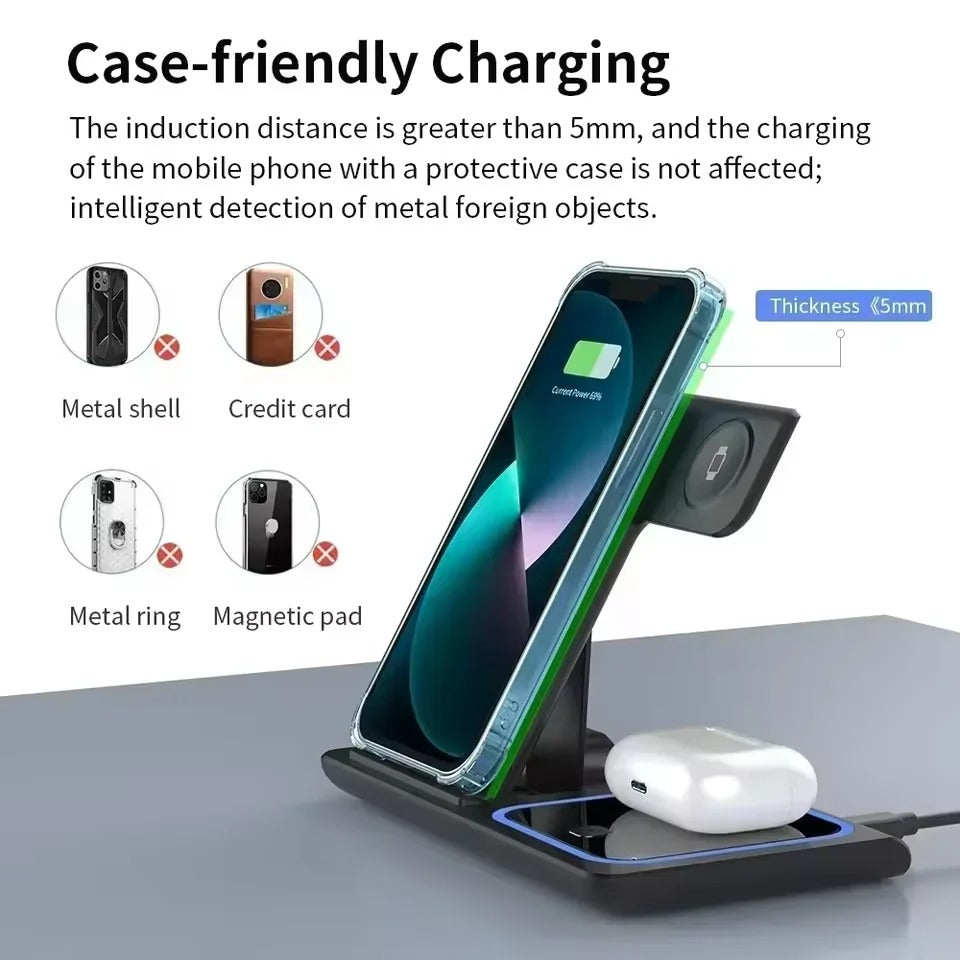 Premium 4 in 1 Wireless Charging Station with LED Light – Foldable Fast Charger Stand for Phones, Apple Watch, AirPods and Qi-Compatible Devices