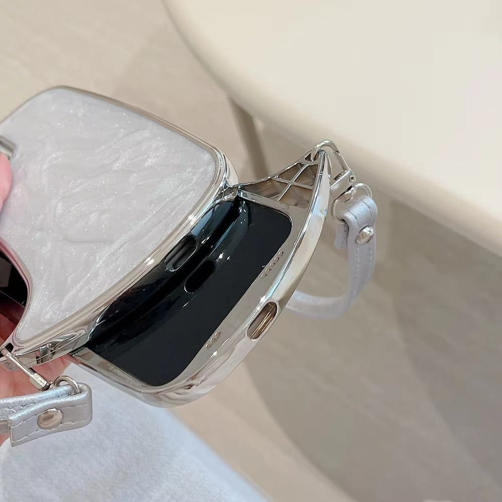 Luxury Apple iPhone Case, MagSafe Compatible, Camera Lens & Screen Protection, Ultra Thin, Shockproof, Magnetic Full All Around Cover – Electroplated Handbag Style Case with Soft Body & Hand Strap