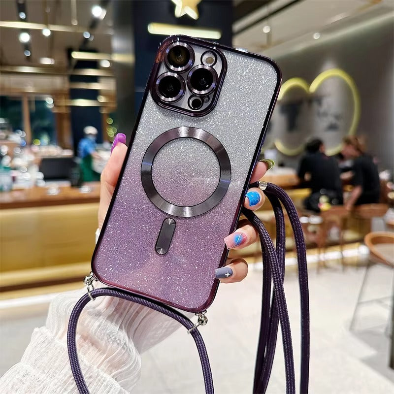 Premium Glitter Crossbody Apple iPhone Case, MagSafe Compatible, Ultra Thin Magnetic Shockproof Full Cover 