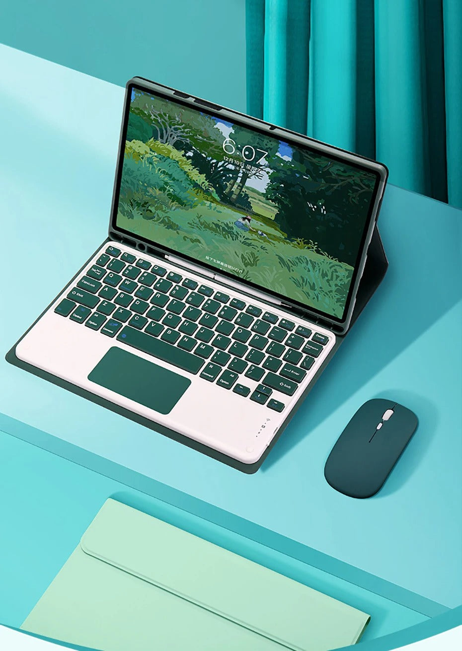 Luxury Wireless Keyboard Case with Free Mouse – Bluetooth Keyboard Cover with Touchpad, Leather Texture, Built-in Battery, for 10–11 inch Tablets, Solid Color Design