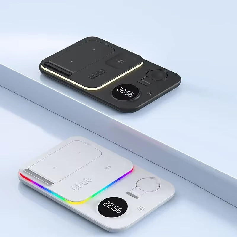Premium 5 in 1 Wireless Charging Station – 30W Foldable Fast Charger Dock with RGB LED Light, Alarm Clock for Phones, Apple Watch, Samsung Watch & AirPods