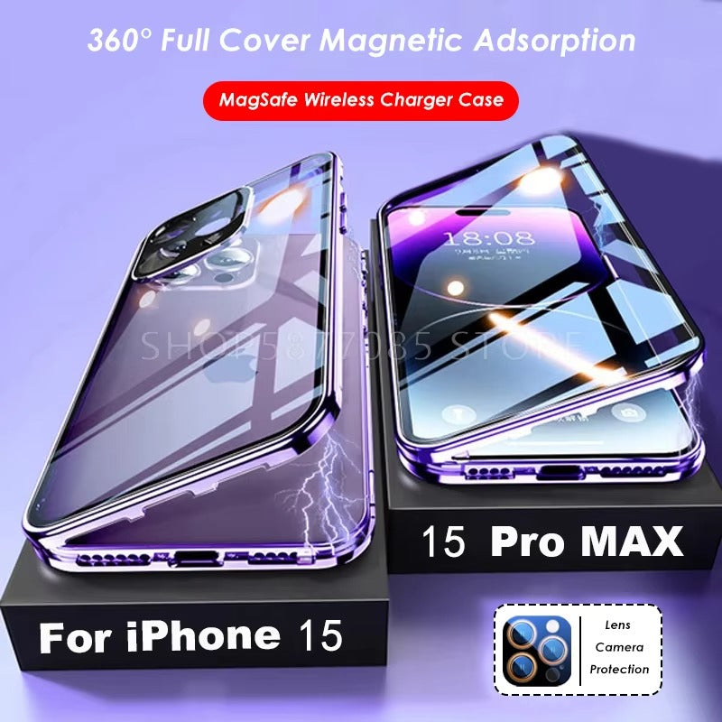 High Quality Apple iPhone Case MagSafe Compatible, Camera Lens & Screen Protection Cover with Double Glass Metal Buckle