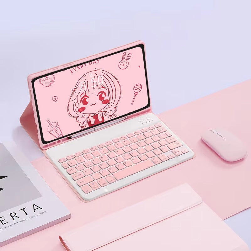 Luxury Wireless Keyboard Case with Free Mouse – Bluetooth Keyboard Cover with Touchpad, Leather Texture, Built-in Battery, for 10–11 inch Tablets, Solid Color Design