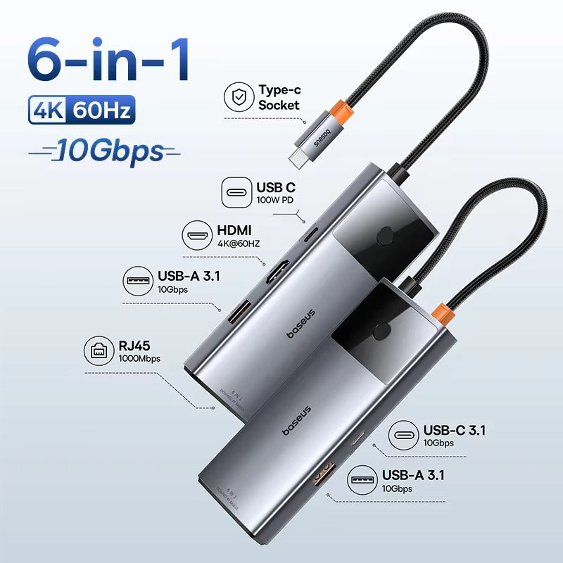 High Quality USB-C Hub Adapter – Type-C to HDMI, USB 3.1, 10Gbps, RJ45 Ethernet,  Laptop, Tablet, USB-C Devices