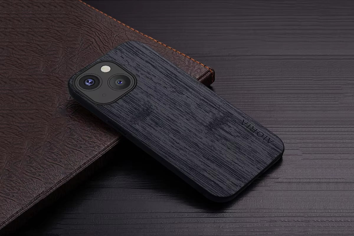 Premium Wood Grain iPhone Case MagSafe Compatible Ultra Thin Magnetic with Smooth Brown Texture and Metallic Frame Design