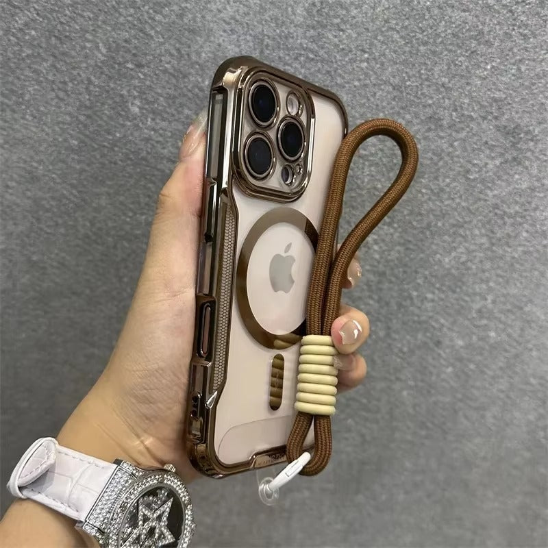 High Quality Apple iPhone Case, MagSafe Compatible, Camera Lens & Screen Protection, Ultra Thin, Shockproof, Magnetic Full All Around Cover – Blade Mecha TPU Transparent Case with Plating Finish & Wrist Strap