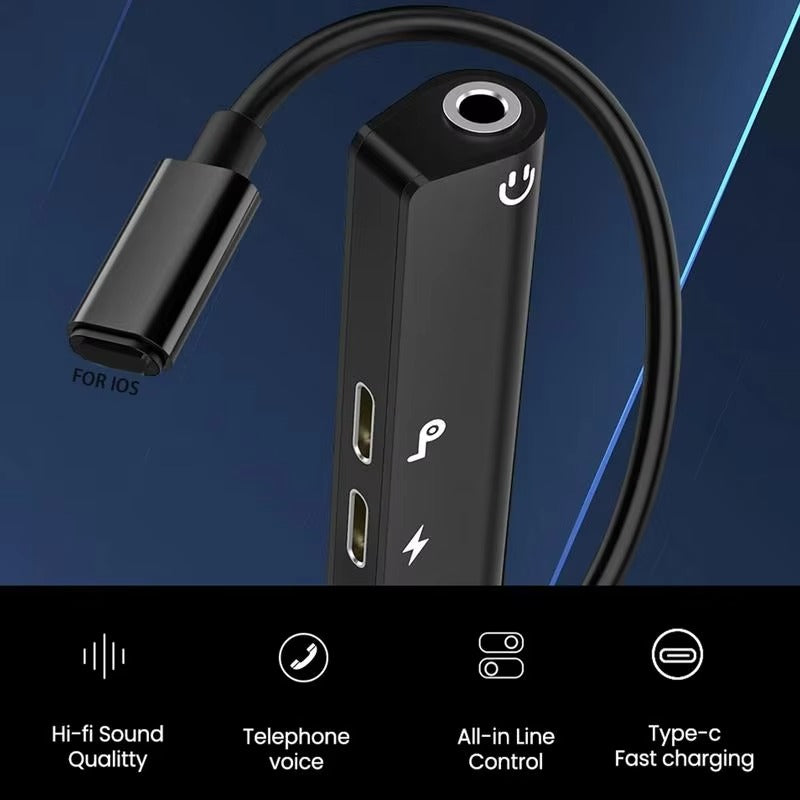 High Quality 3-in-1 Lightning to 3.5mm Audio Adapter for iPhone – AUX Jack, Charger Splitter, HiFi Sound, Fast Charging, Headphone Converter for iOS Devices