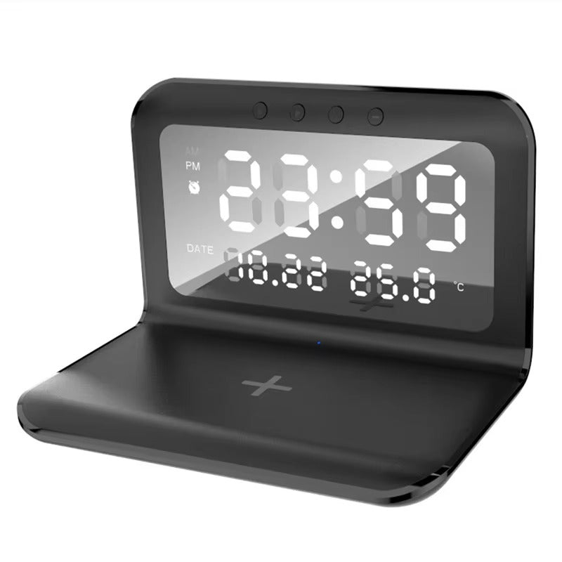 Luxury Wireless Charging Alarm Clock – LED Digital Thermometer Dock Station with Fast 5W Charger for Phones, Smartwatches, and Earbuds