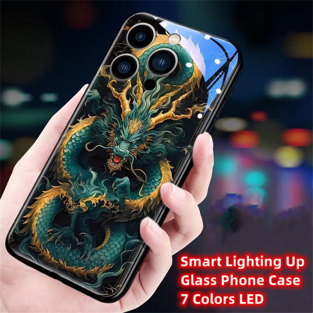 Premium Apple iphone  Case, LED Flash, Sound Reactive, Shockproof, Ultra Thin, Full Body Protection, Golden Dragon Luminous Glass Cover