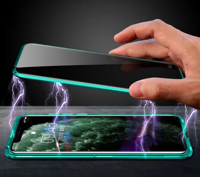 Premium Apple iPhone Case, MagSafe Compatible, Camera Lens & Screen Protection, Ultra Thin, Shockproof, Magnetic Full All Around Cover – Anti-Peeping Tempered Glass Case with Magnetic Metal Bumper & Privacy Protection