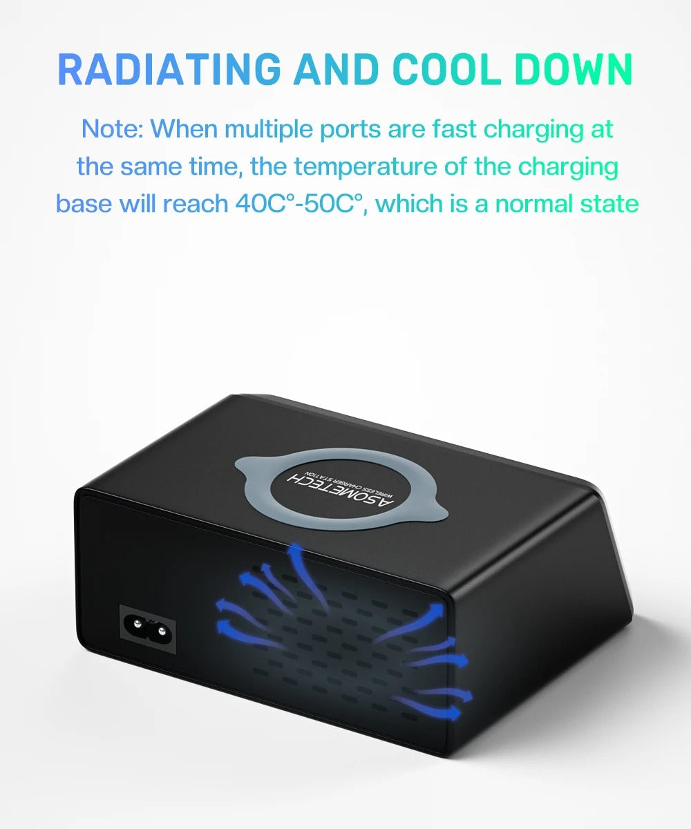 Premium 110W USB C Charging Station – Multi Port 9 in 1 Fast Charger with PD QC3.0, Wireless Charging, Digital Display for Phones, Tablets and Earbuds