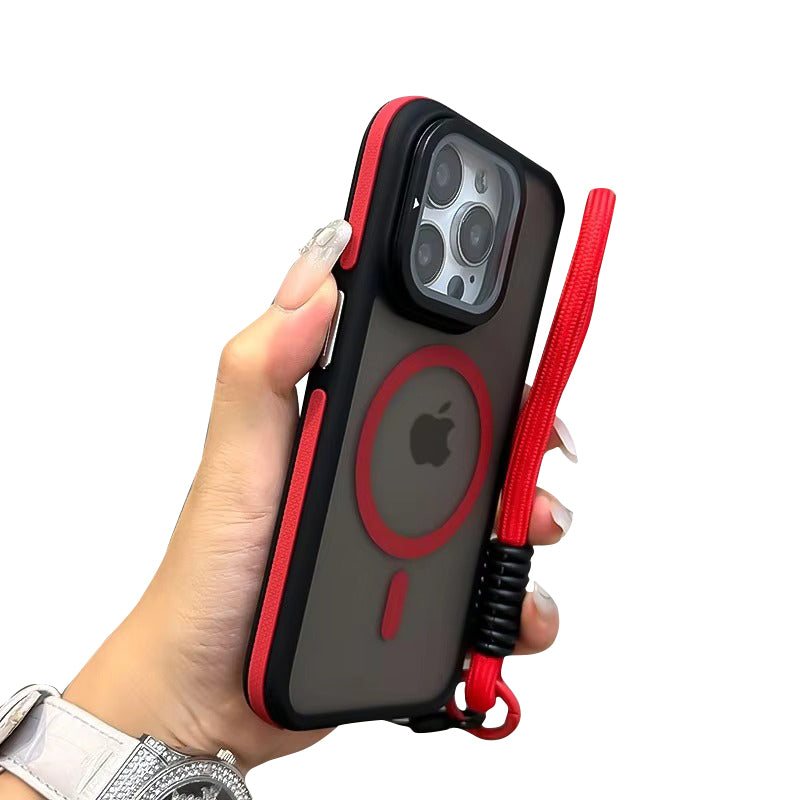 Luxury Apple iPhone Case  Ultra Thin Shockproof Magnetic Full All Around Protection Cover with Matte Stand & Wrist Strap