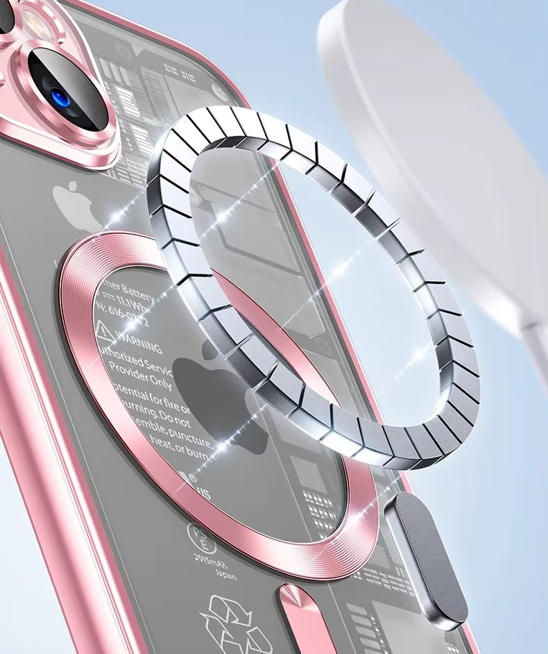 Luxury Apple iPhone Case, MagSafe Compatible, Camera Lens & Screen Protection, Ultra Thin, Shockproof, Magnetic Full All Around Cover – Plating Transparent Silicone TPU Case with Magnetic Back & Lens Film Protection