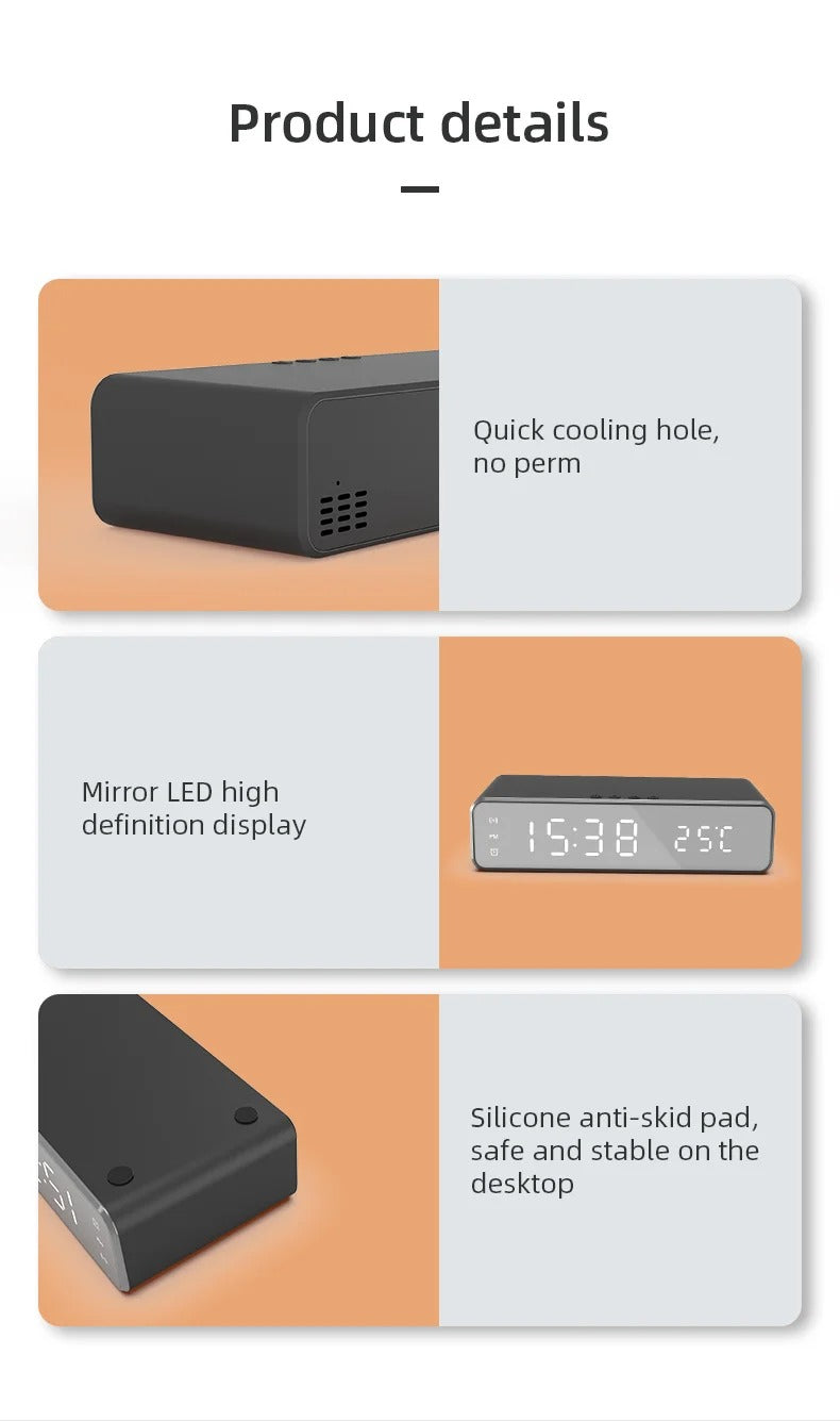 Luxury Wireless Charging Alarm Clock – LED Digital Thermometer Dock Station with Fast 5W Charger for Phones, Smartwatches, and Earbuds