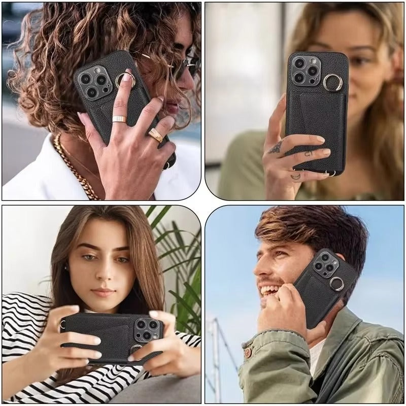 High-End Apple iPhone Case, MagSafe Compatible, Camera Lens & Screen Protection, Ultra Thin, Shockproof, Magnetic Full All Around Cover – Crossbody Leather Wallet Case with Finger Ring Buckle & Card Slots