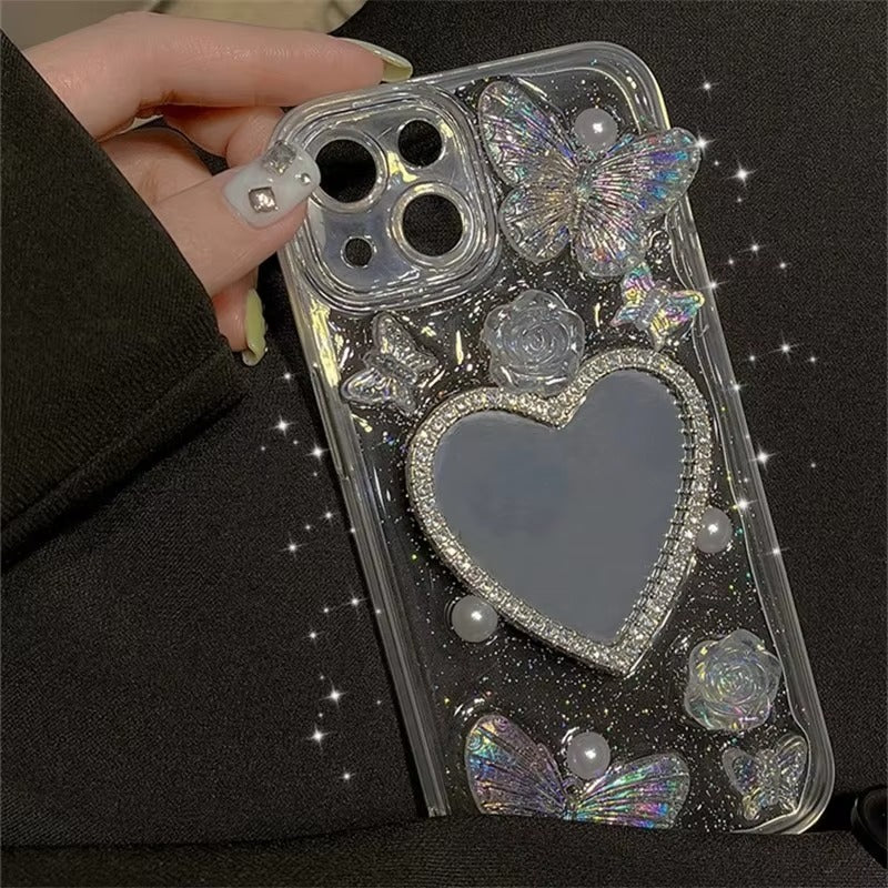 Luxury Apple iPhone Case, MagSafe Compatible, Camera Lens and Screen Protection, Ultra Thin, Shockproof, Magnetic, Full All Around Protection, Glitter Butterfly Mirror Cover