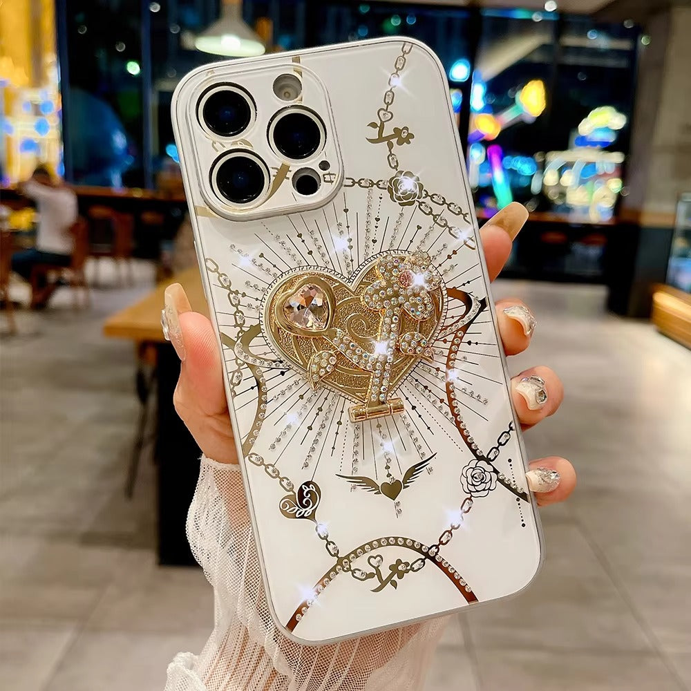 Luxury Apple iPhone Case, MagSafe Compatible, Camera Lens & Screen Protection, Ultra Thin, Shockproof, Magnetic Full All Around Cover – Glitter Crystal Heart Holder Case with Full Camera Guard & Hard Shockproof Back