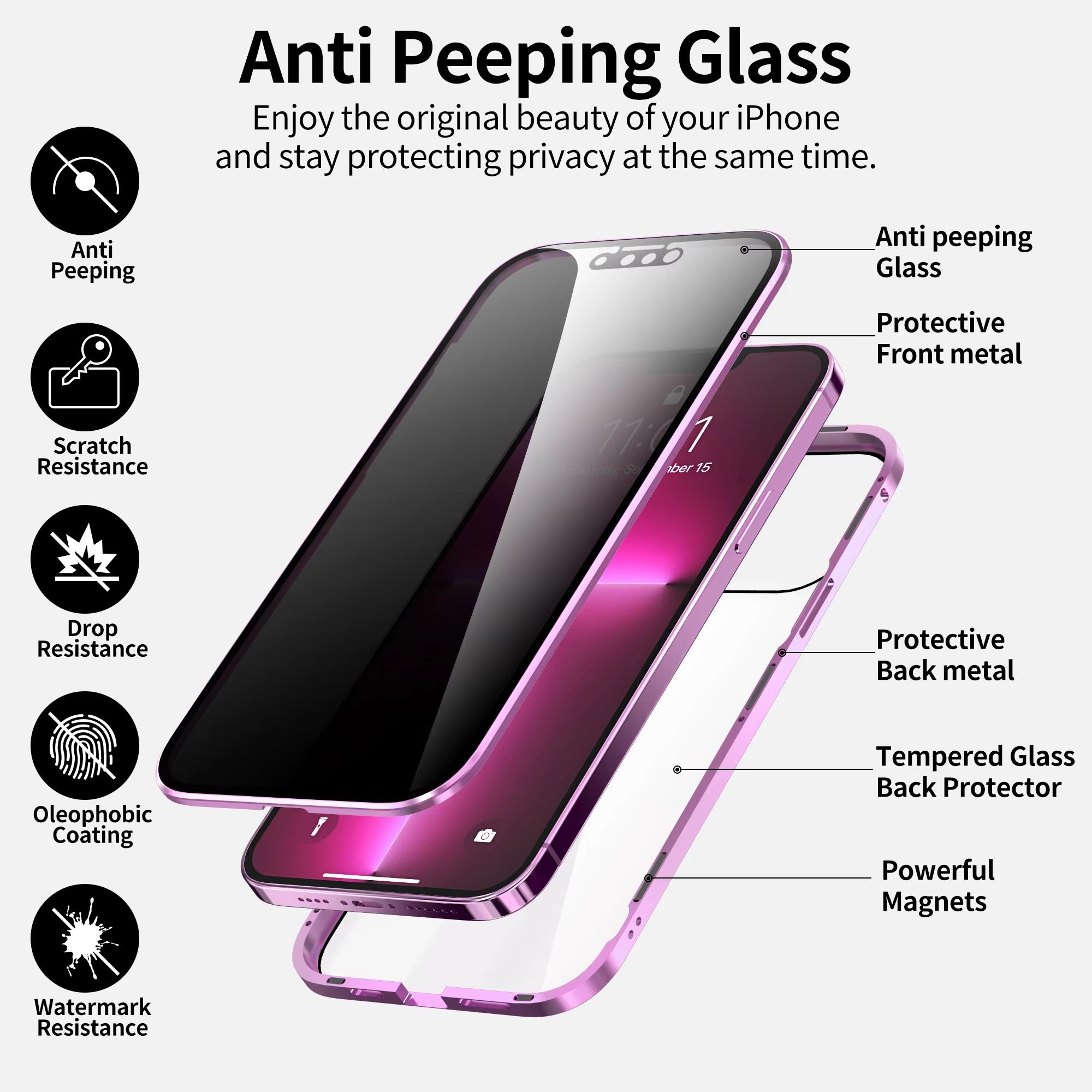 High Quality Apple iPhone Case, MagSafe Compatible, Camera Lens & Screen Protection, Ultra Thin, Shockproof, Magnetic Full All Around Cover – Double Glass Magnetic Case with Anti-Peeping Privacy Screen & Metal Frame Protection