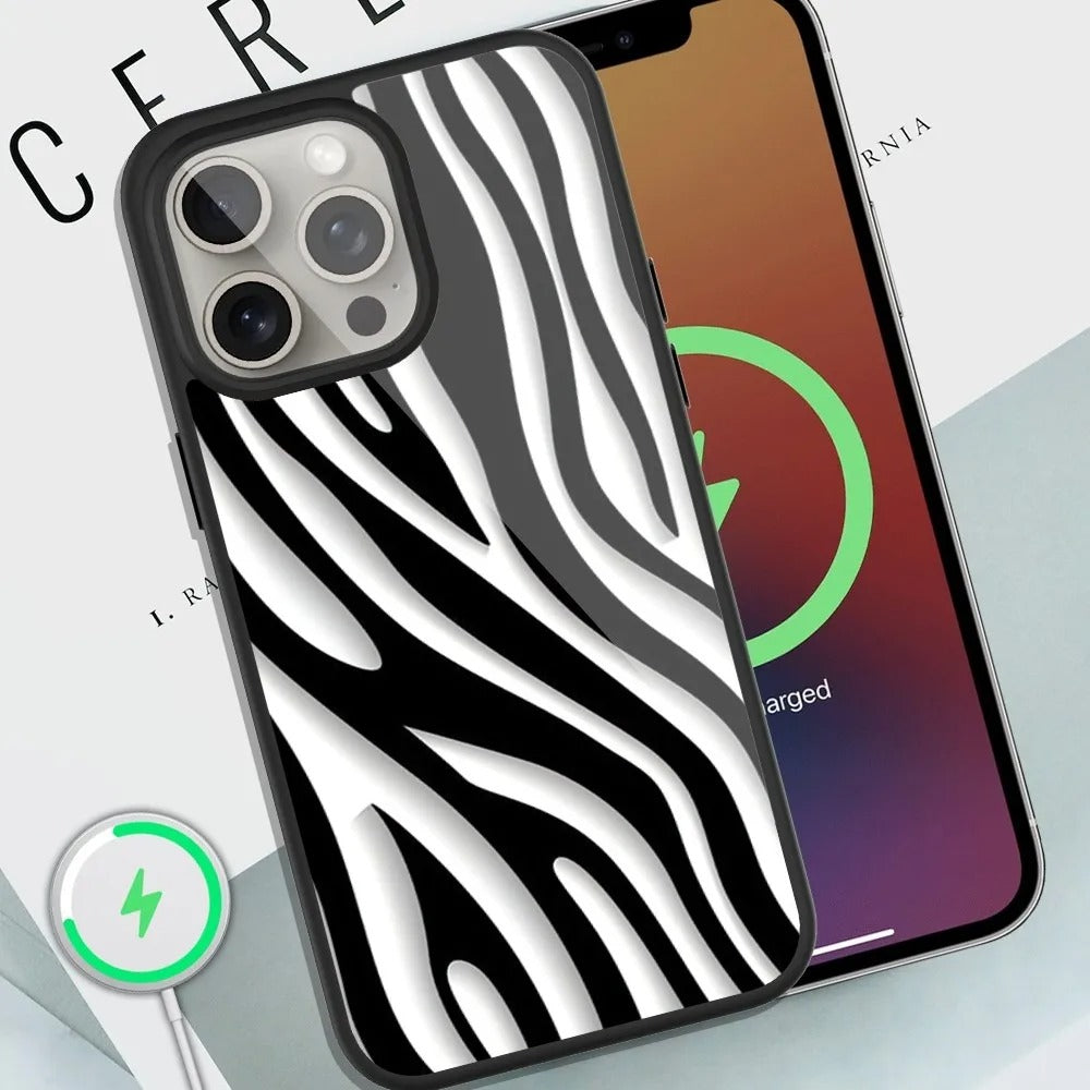 Luxury Zebra Print Apple iPhone Case, MagSafe Compatible, Ultra Thin Magnetic Shockproof Full Protection Cover with Screen Guard and Animal Pattern Style Shell