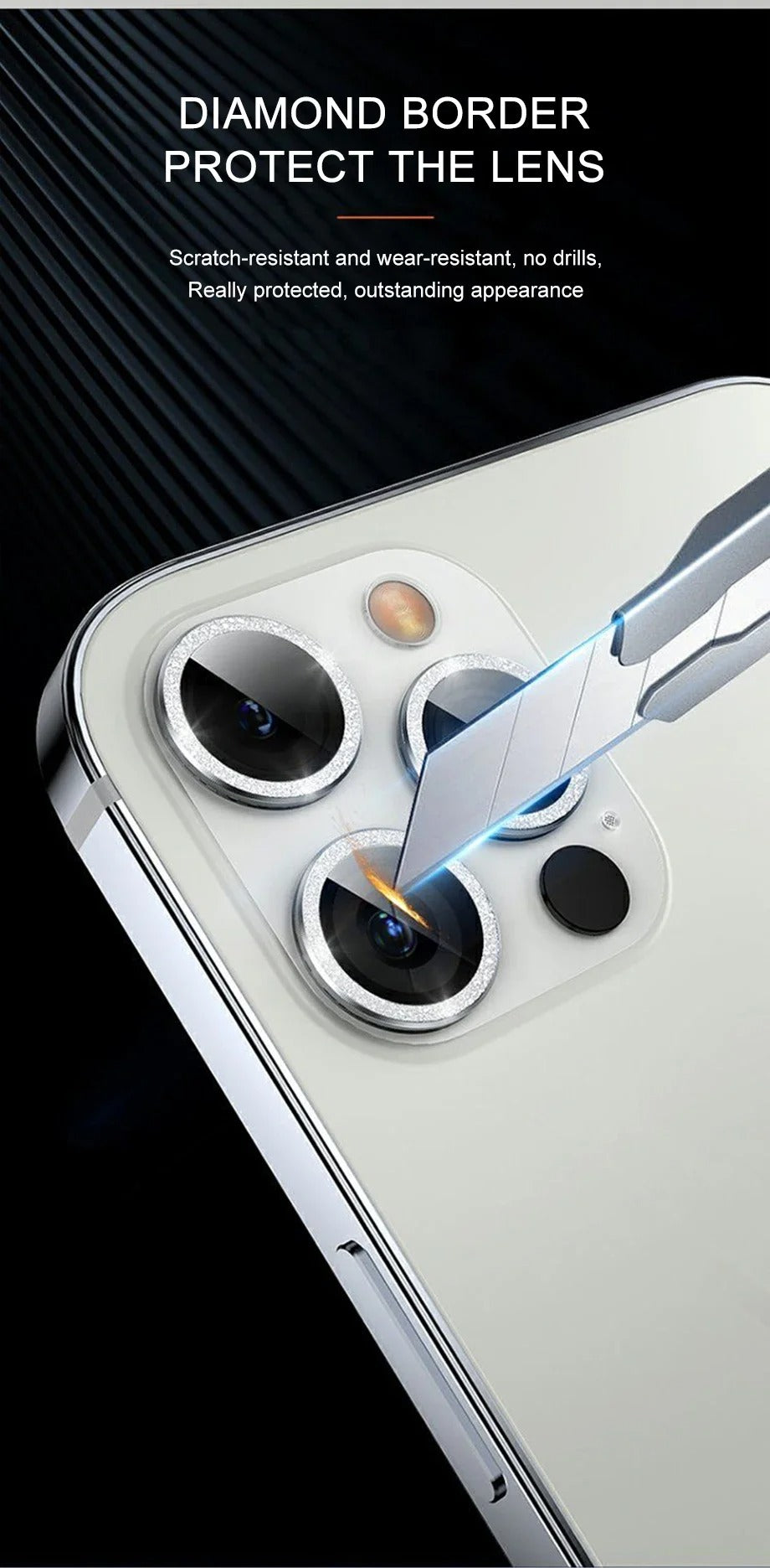 Luxury Metal Camera Lens Protector for iPhone – Diamond Edging, 9H Corning Glass, Anti-Scratch, Shockproof, Ultra HD Transparent Lens Cover Ring