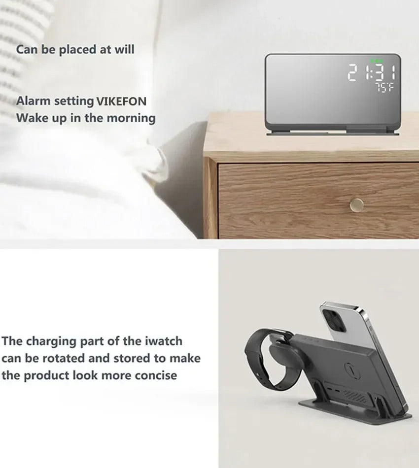 Premium 4 in 1 Wireless Charging Station with Alarm Clock – Fast Charger Stand for iPhone, Apple Watch, AirPods, Samsung Galaxy, Temperature & Date Display
