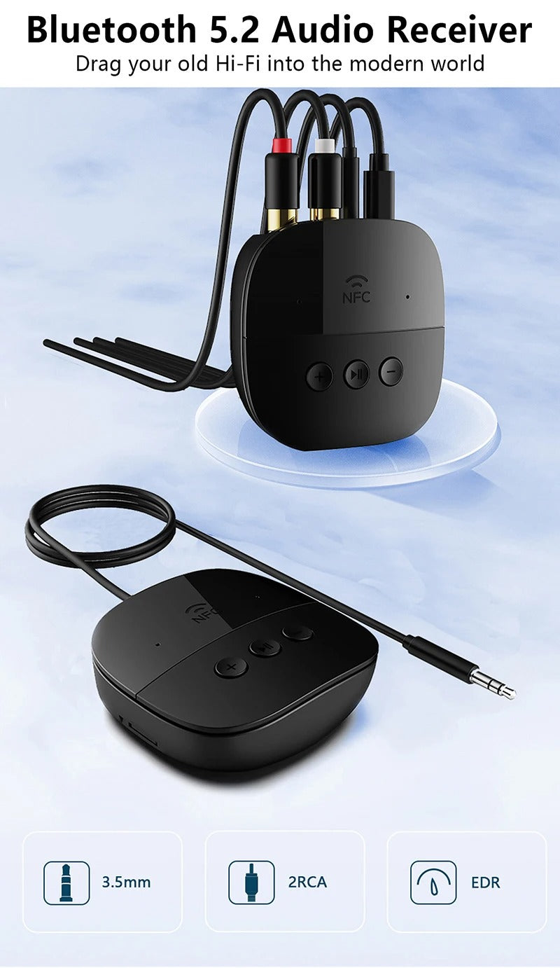 Premium Bluetooth 5.2 Audio Receiver for iPhone – Wireless RCA & TF Card, Mic Input, NFC, Car Kit & Speaker Amplifier Support