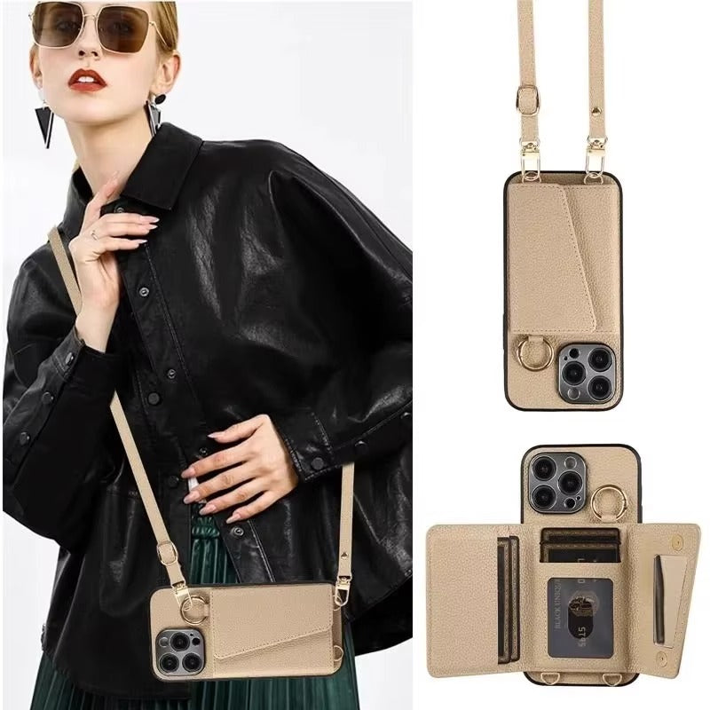 High-End Apple iPhone Case, MagSafe Compatible, Camera Lens & Screen Protection, Ultra Thin, Shockproof, Magnetic Full All Around Cover – Crossbody Leather Wallet Case with Finger Ring Buckle & Card Slots