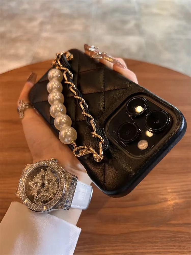 High Quality Apple iPhone Case, MagSafe Compatible, Camera Lens & Screen Protection, Ultra Thin, Shockproof, Magnetic Full All Around Cover – Lambskin Leather Handbag Case with Flower Pearl Strap & Long Metal Chain