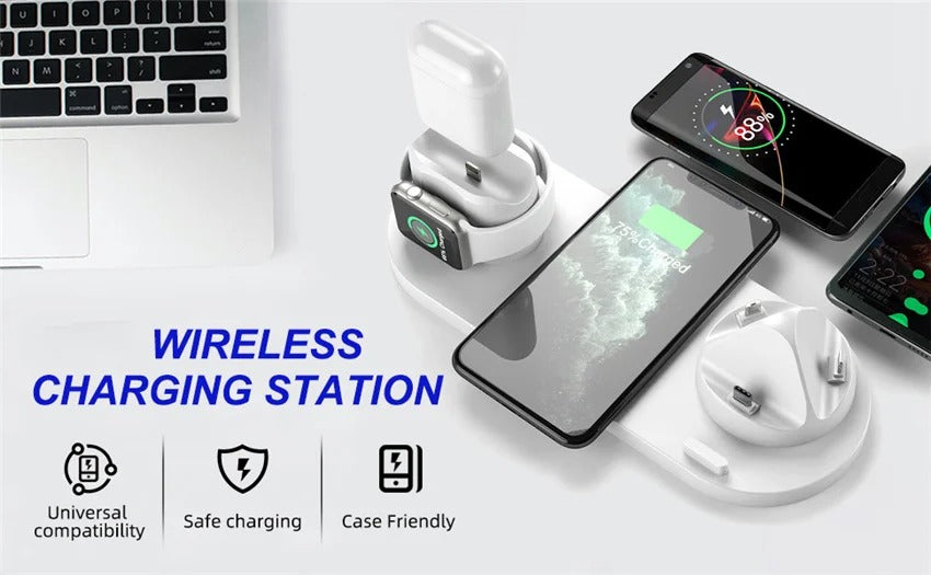 Premium 6 in 1 Wireless Charging Station – Fast Charger Dock for iPhone, Apple Watch, AirPods with Type-C, Lightning & Micro USB Ports, 15W Output