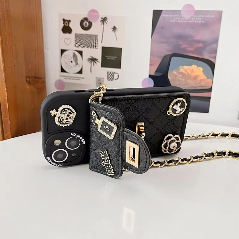 Luxury Apple iPhone Case, MagSafe Compatible, Camera Lens & Screen Protection, Ultra Thin, Shockproof, Magnetic Full All Around Cover – Camellia Flower Pearl Crown Crossbody Wallet Case