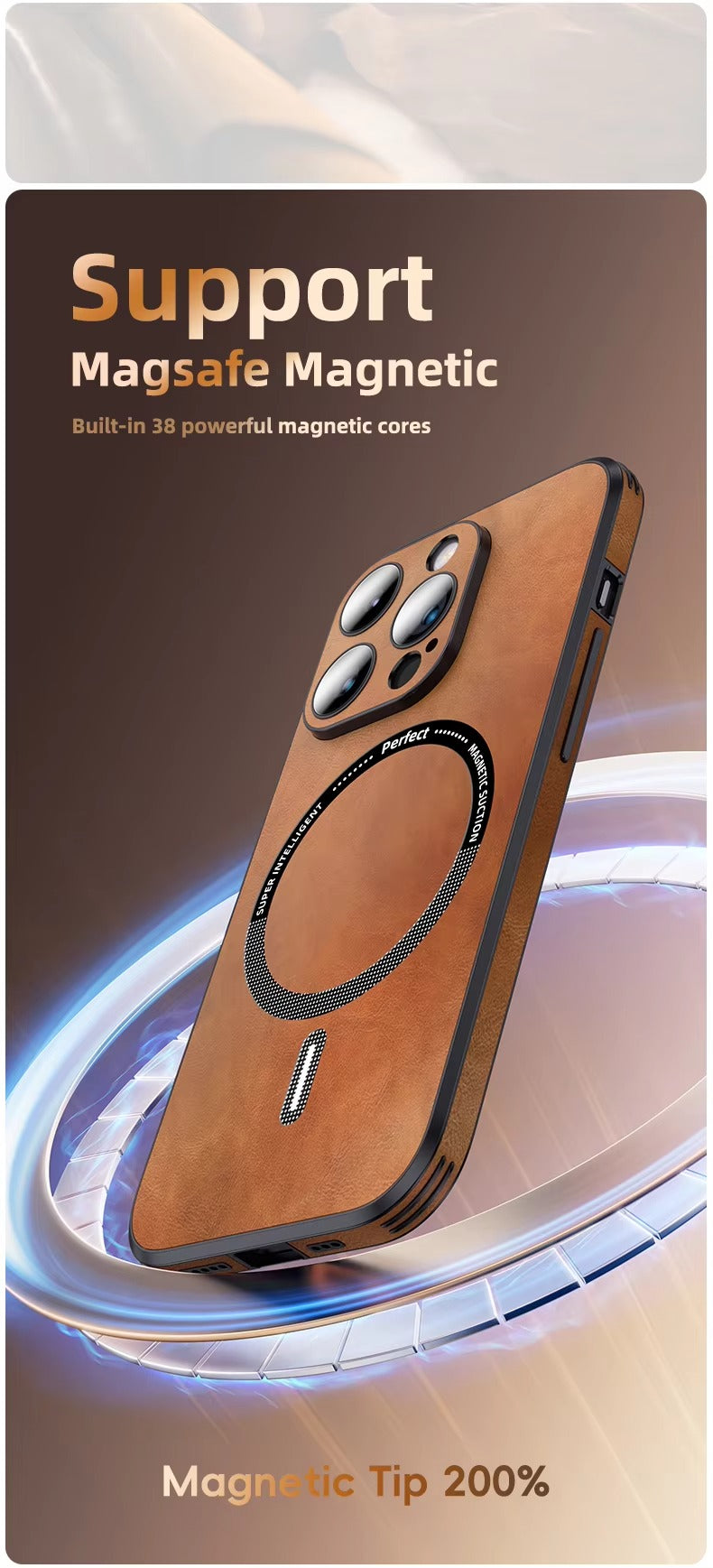 Premium MagSafe Leather iPhone Case with Magnetic Shockproof Design, Glass Lens Protector, Full Body Drop Defense, 