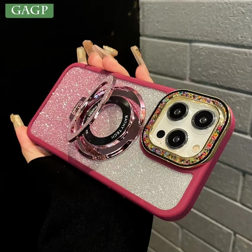 Luxury Apple iPhone Case, MagSafe Compatible, Camera Lens & Screen Protection, Ultra Thin, Shockproof, Magnetic Full All Around Cover – Gradient Glitter Diamond Case with Stand Holder & Wireless Charging Support