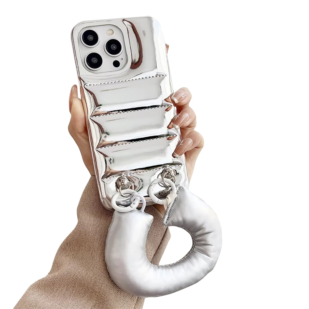 Luxury Apple iPhone Case, MagSafe Compatible, Camera Lens & Screen Protection, Ultra Thin, Shockproof, Magnetic Full All Around Cover – Down Jacket Style Silicone Case with Wrist Strap & Soft Finish