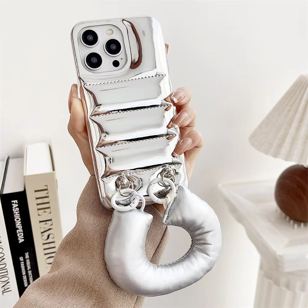 Luxury Apple iPhone Case, MagSafe Compatible, Camera Lens & Screen Protection, Ultra Thin, Shockproof, Magnetic Full All Around Cover – Down Jacket Style Silicone Case with Wrist Strap & Soft Finish