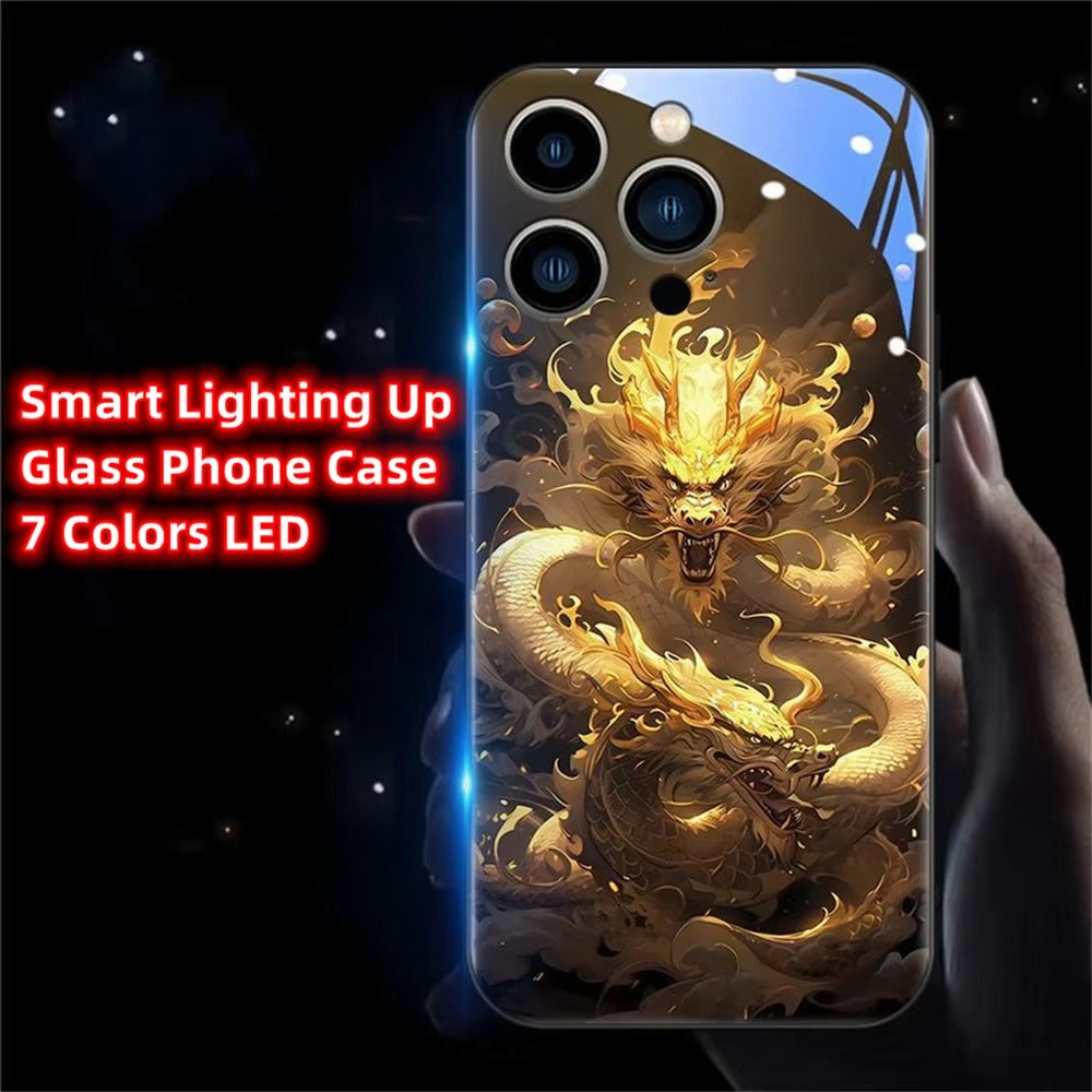 Premium Apple iphone  Case, LED Flash, Sound Reactive, Shockproof, Ultra Thin, Full Body Protection, Golden Dragon Luminous Glass Cover