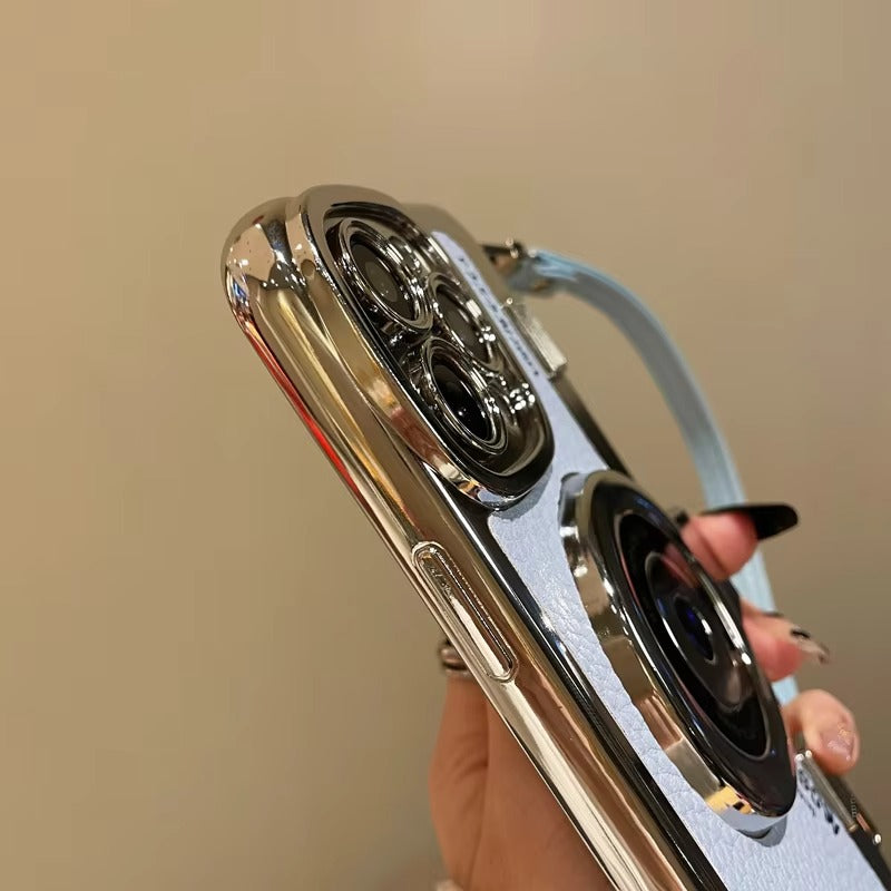 Premium Apple iPhone Case, MagSafe Compatible, Camera Lens & Screen Protection, Ultra Thin, Shockproof, Magnetic Full All Around Cover – Plated Camera Style Case with Lychee Texture & Anti-Fall Leather Rope