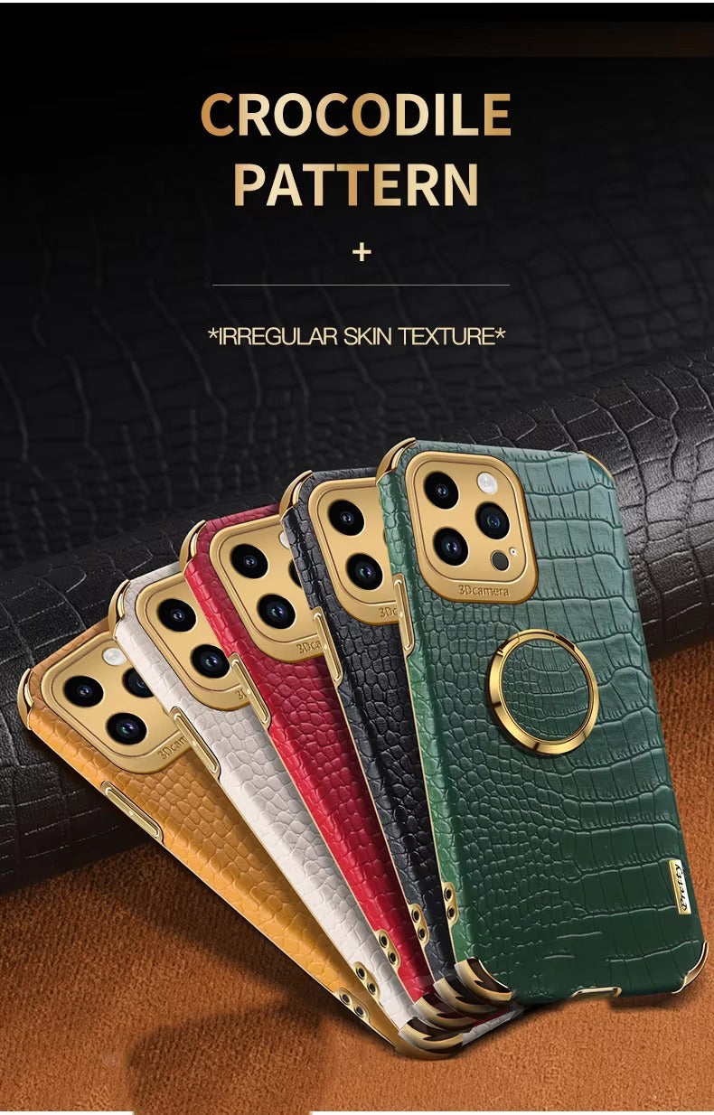 Premium Apple iPhone Case MagSafe Compatible, Camera Lens & Screen Protection, Ultra Thin Shockproof Magnetic Full All Around Protection Cover with Crocodile Leather Ring Holder