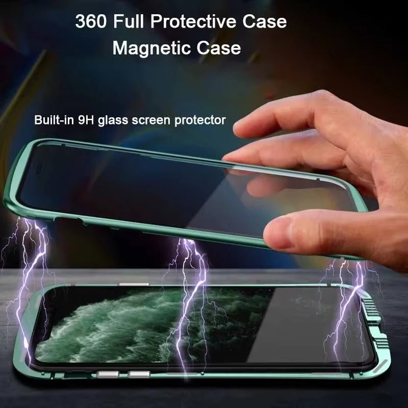 Premium Magnetic Glass Apple iPhone Case, MagSafe Compatible, Ultra Thin Shockproof Full Metal Frame Cover