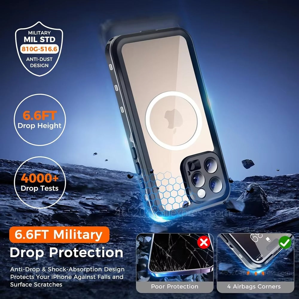 High Quality Apple iPhone Case MagSafe Compatible, Camera Lens & Screen Protection, Ultra Thin Shockproof Magnetic Full All Around Protection Cover with IP68 Snowproof Design