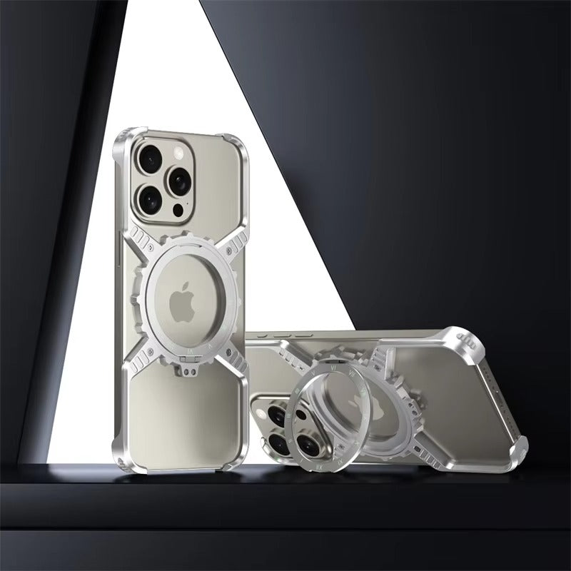 Robust Apple iPhone Case, MagSafe Compatible, Camera Lens & Screen Protection, Ultra Thin, Shockproof, Magnetic Full All Around Cover – X-Shaped Gear Aluminum Case with 360° Stand & Noctilucent Frameless Design