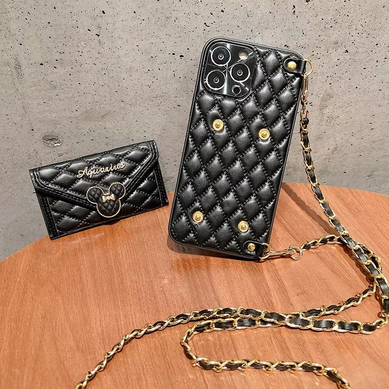 Luxury Apple iPhone Case, MagSafe Compatible, Camera Lens & Screen Protection, Ultra Thin, Shockproof, Magnetic Full All Around Cover – Rhombic Pattern PU Leather Card Holder Case with Lanyard Strap