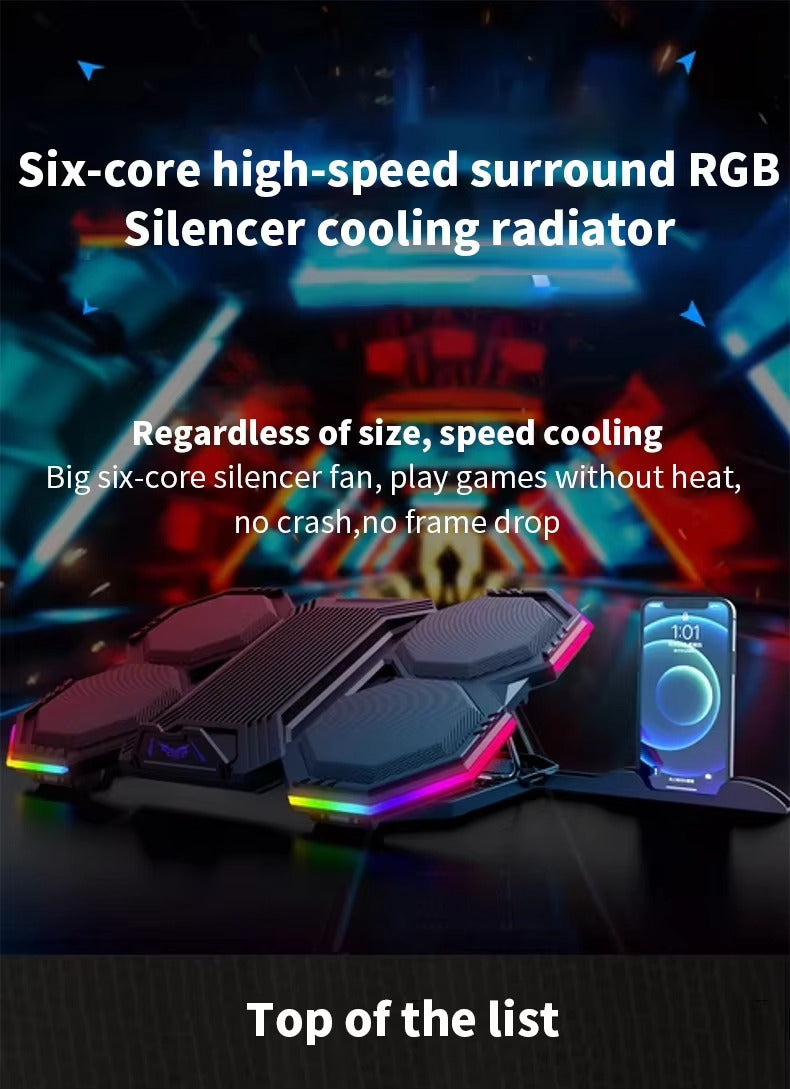 High-Performance, RGB, Gaming Laptop Stand, Air Cooler, Notebook Holder, with 6 Fans, Adjustable, Foldable Base, for 12, 13, 14, 15, 16, 17 Inch Laptops