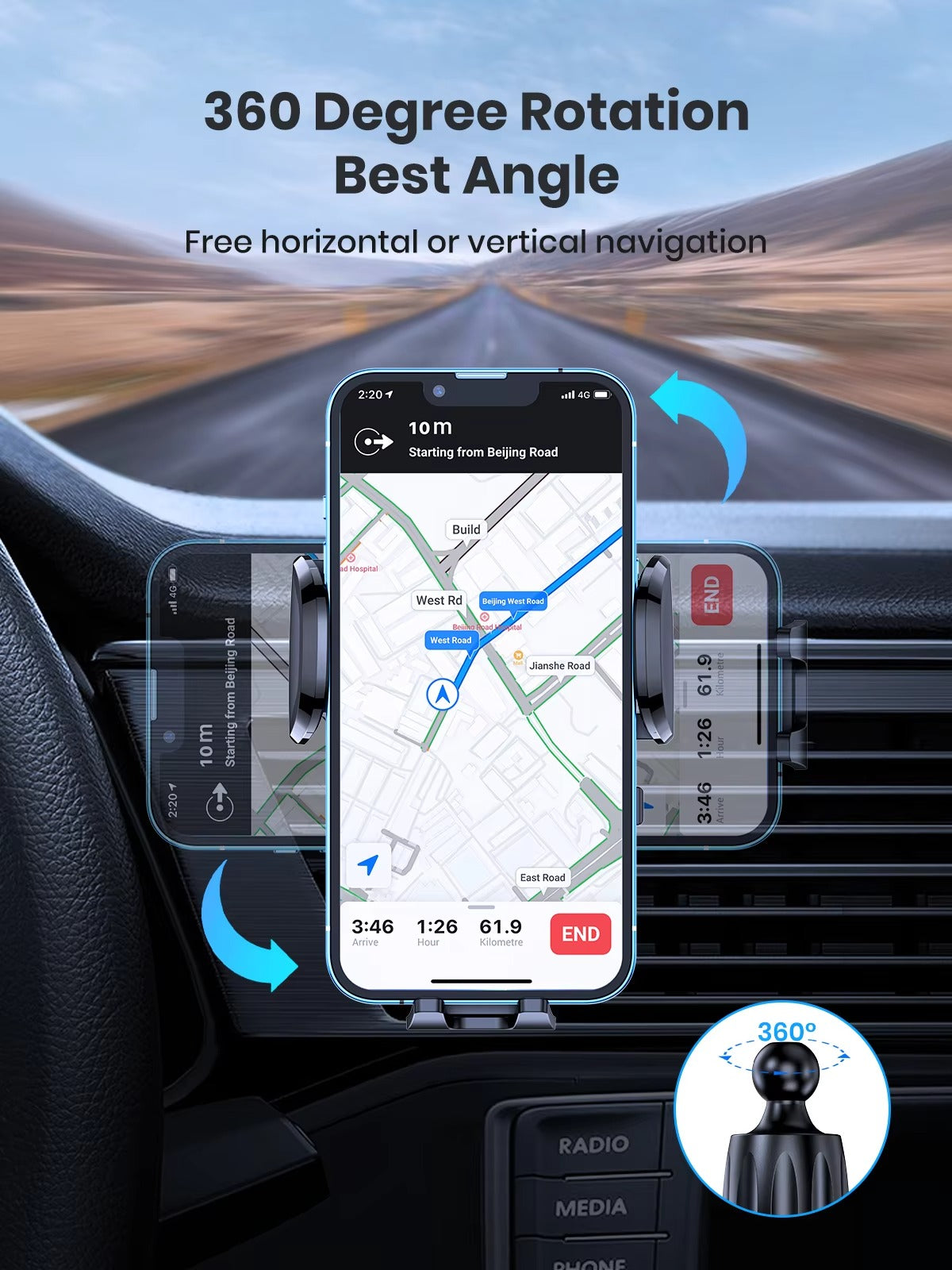 High Quality Universal Car Phone Holder – 360° Rotating Vent Mount with Hook Clip,  Apple iPhone Devices