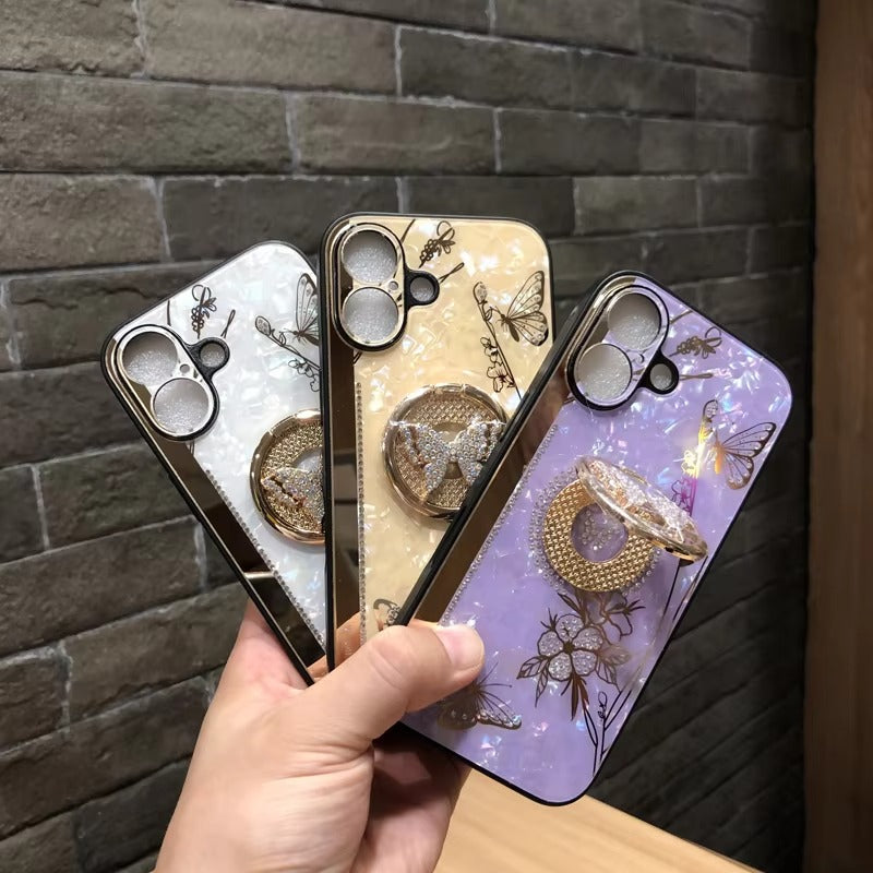 Luxury Apple iPhone Case, MagSafe Compatible, Camera Lens & Screen Protection, Ultra Thin, Shockproof, Magnetic Full All Around Cover – Shell Pattern Butterfly Case with Ring Holder & Hard Silicone TPU Back Design