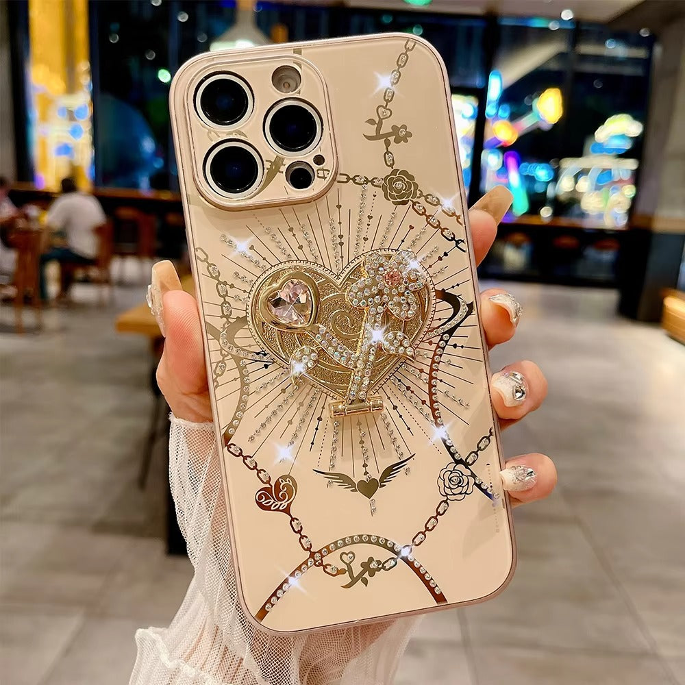Luxury Apple iPhone Case, MagSafe Compatible, Camera Lens & Screen Protection, Ultra Thin, Shockproof, Magnetic Full All Around Cover – Glitter Crystal Heart Holder Case with Full Camera Guard & Hard Shockproof Back