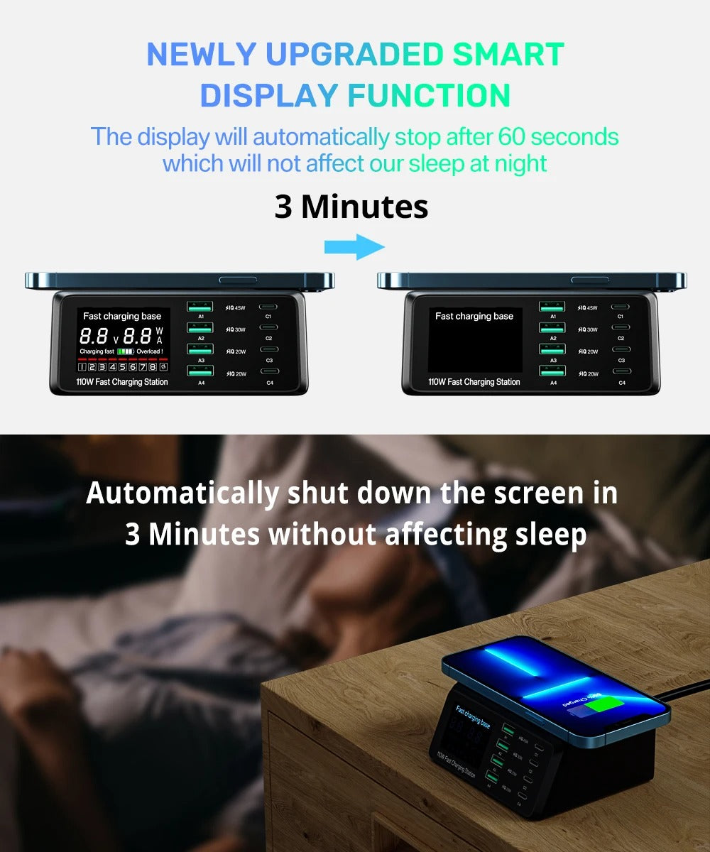 Premium 110W USB C Charging Station – Multi Port 9 in 1 Fast Charger with PD QC3.0, Wireless Charging, Digital Display for Phones, Tablets and Earbuds