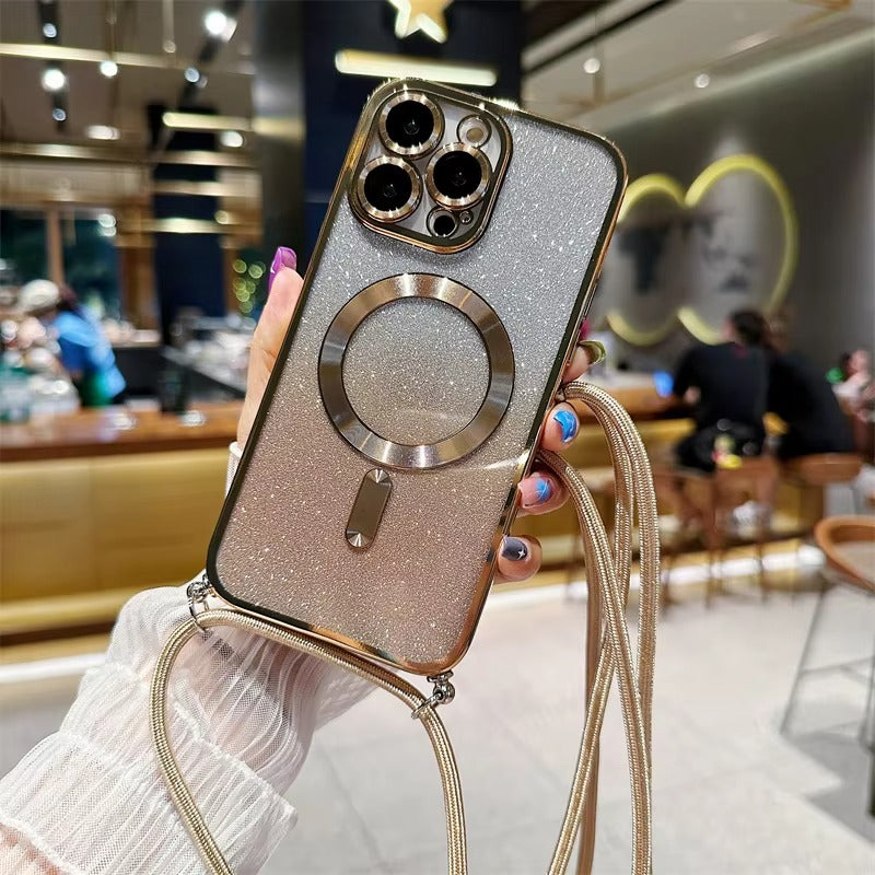 Premium Glitter Crossbody Apple iPhone Case, MagSafe Compatible, Ultra Thin Magnetic Shockproof Full Cover 