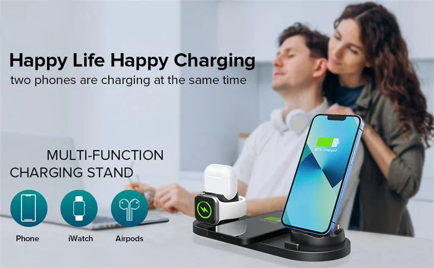 Premium 6 in 1 Wireless Charging Station – Fast Charger Dock for iPhone, Apple Watch, AirPods with Type-C, Lightning & Micro USB Ports, 15W Output