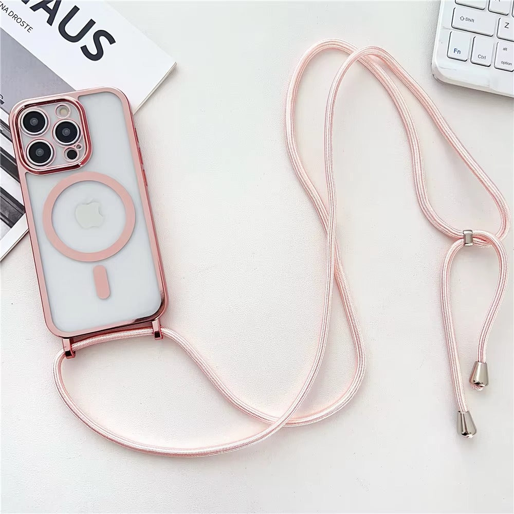 Luxury Apple iPhone Case, MagSafe Compatible, Camera Lens & Screen Protection, Ultra Thin, Shockproof, Magnetic Full All Around Cover – Clear Plating Soft Case with Necklace Lanyard Cord